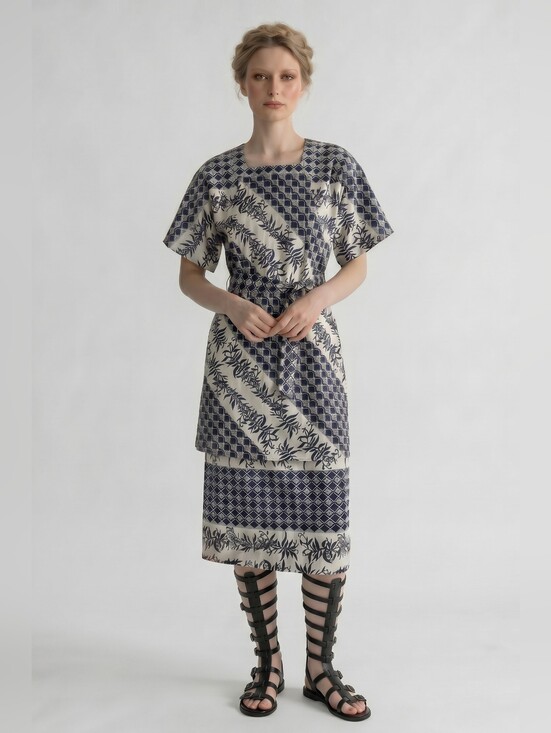 Vintage Dresses & Skirts - Handmade White Linen Black Geometric Floral Print Belted Midi Dress, Size 8